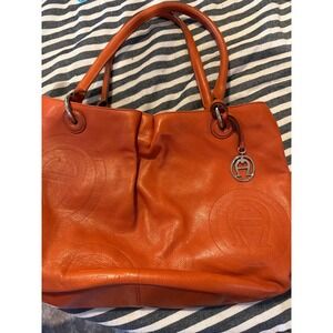 Etienne Aigner Orange Leather Tote Bag Embossed Logo Silver Hardware Large Purse